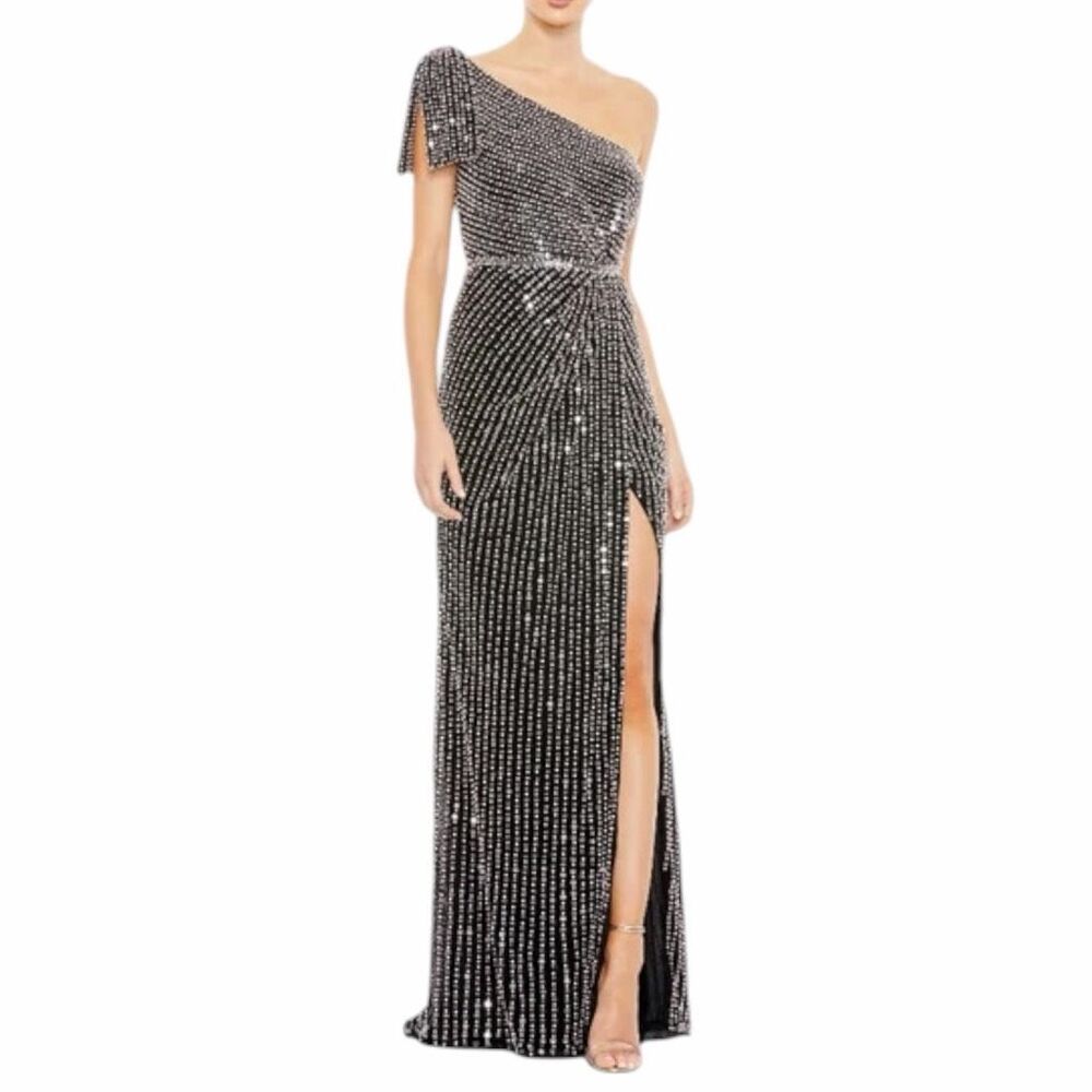 NEW Mac Duggal 93735 Black Pearl Sequin One Shoulder Gown Size 16